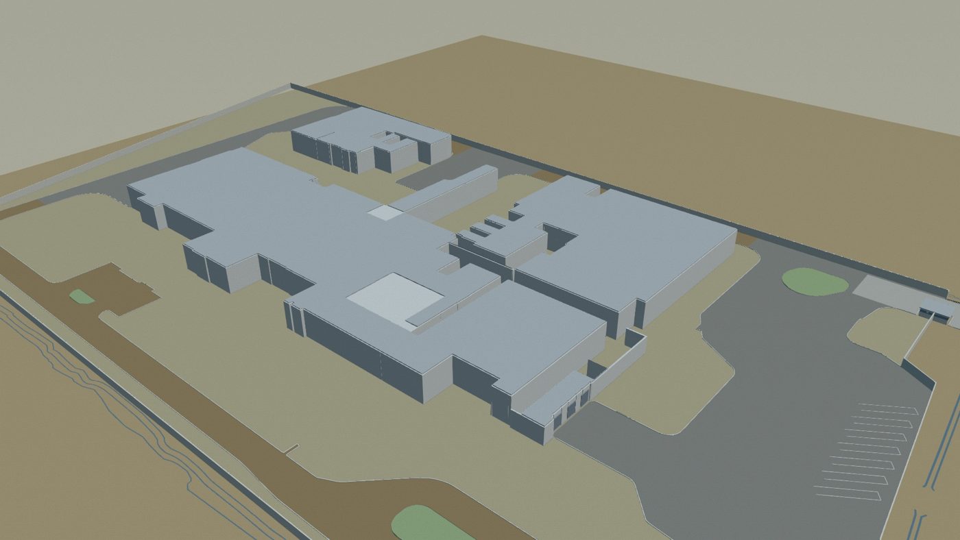 Modelo 3D de una planta industrial con sus vías internas